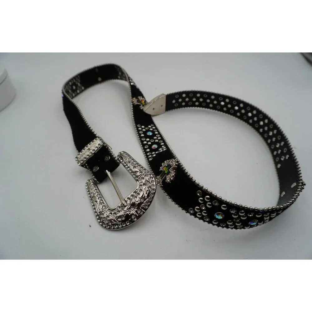 Black Pony Hair Cross Stones Studs White Stones Studded Rhinestones Belt 49
